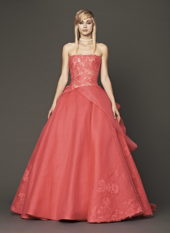 Vera Wang - Fall 2014 Bridal Collection - Wedding Dress Look 11
<br><br>
Coral strapless silk ball gown with hand applique Chantilly lace, gauze draping and floral beaded embroidery.

<br><br>